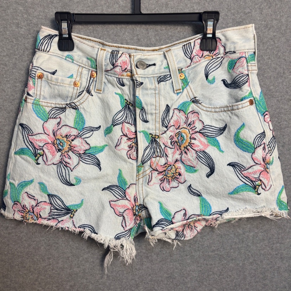 Levi's 501 Big E Floral Denim Shorts W25 Size 0 Button Fly Cut Off Jean Shorts